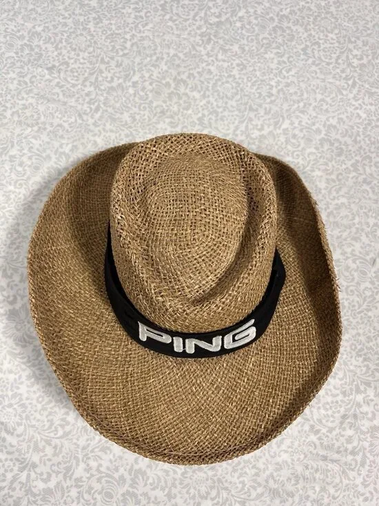 PING Golf Straw Hat USA Made L Embroidered Band Vintage Sun Fedora Mesh Karsten - Picture 6 of 10